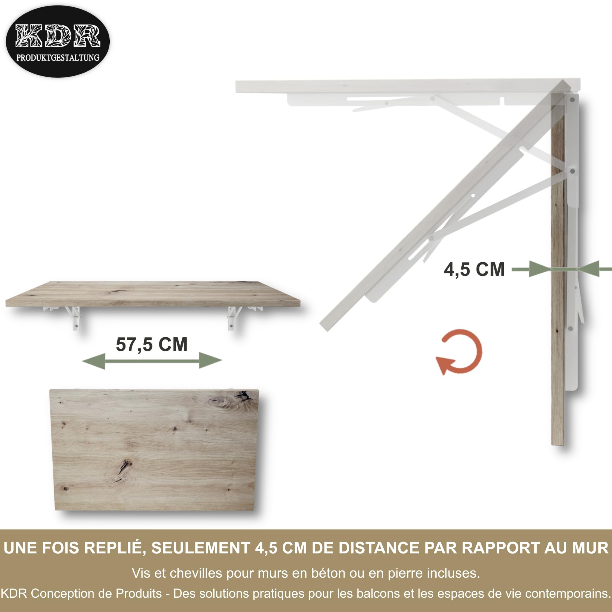 KDR Table Murale Pliante 80 x 50 cm – Table Rabattable Murale Gain de Place, Bureau Pliable, Table de Cuisine ou Salle à Manger, Table Murale pour Petit Espace, Montage Mural Polyvalent (Chêne noueux)