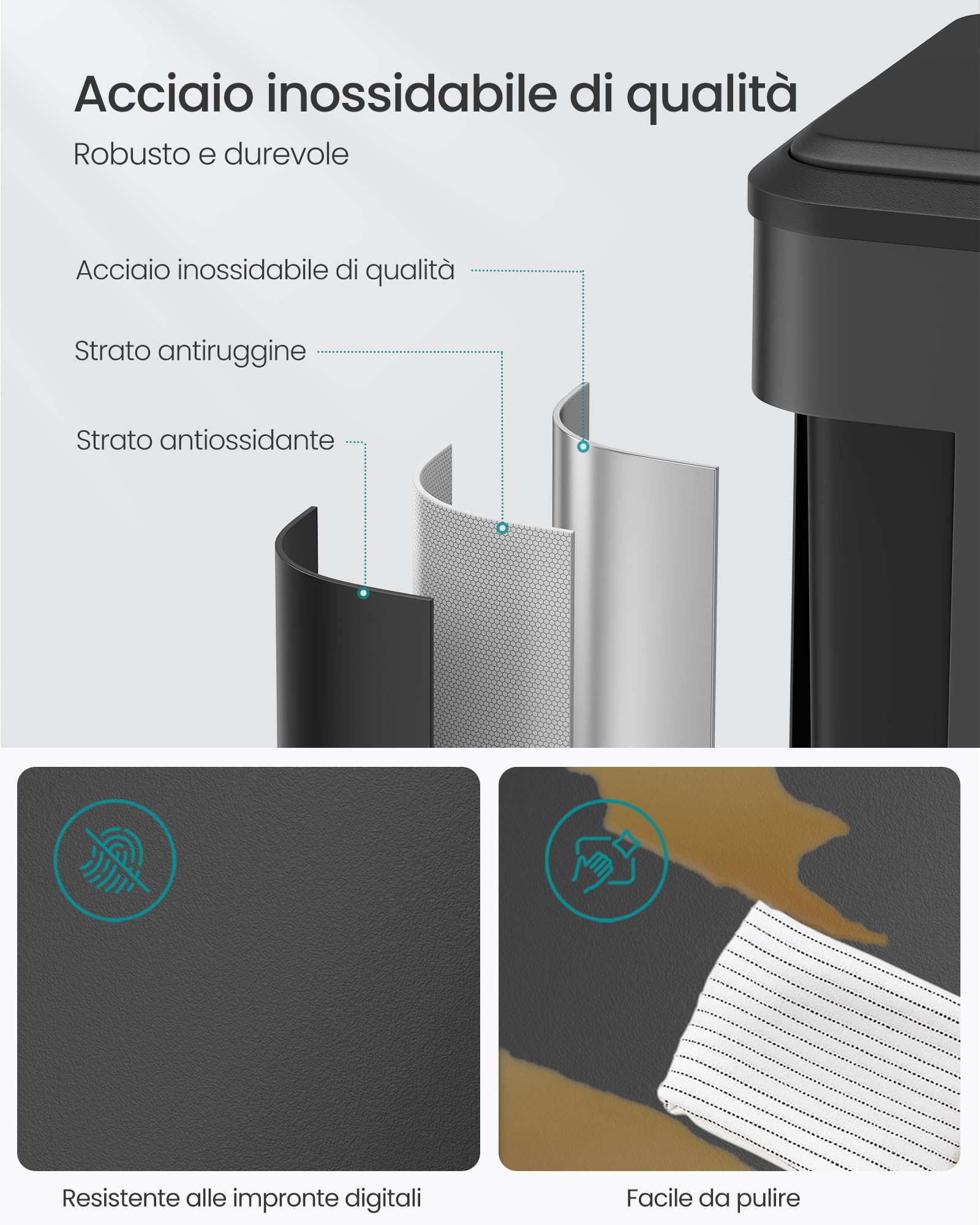 SONGMICS Cestino da Cucina, 2 x 30 L, Pattumiera Doppia per Raccolta Differenziata, Secchi Interni, Acciaio, Coperchio a Chiusura Morbida, Pedale Ampio, Nero Inchiostro LTB556B02