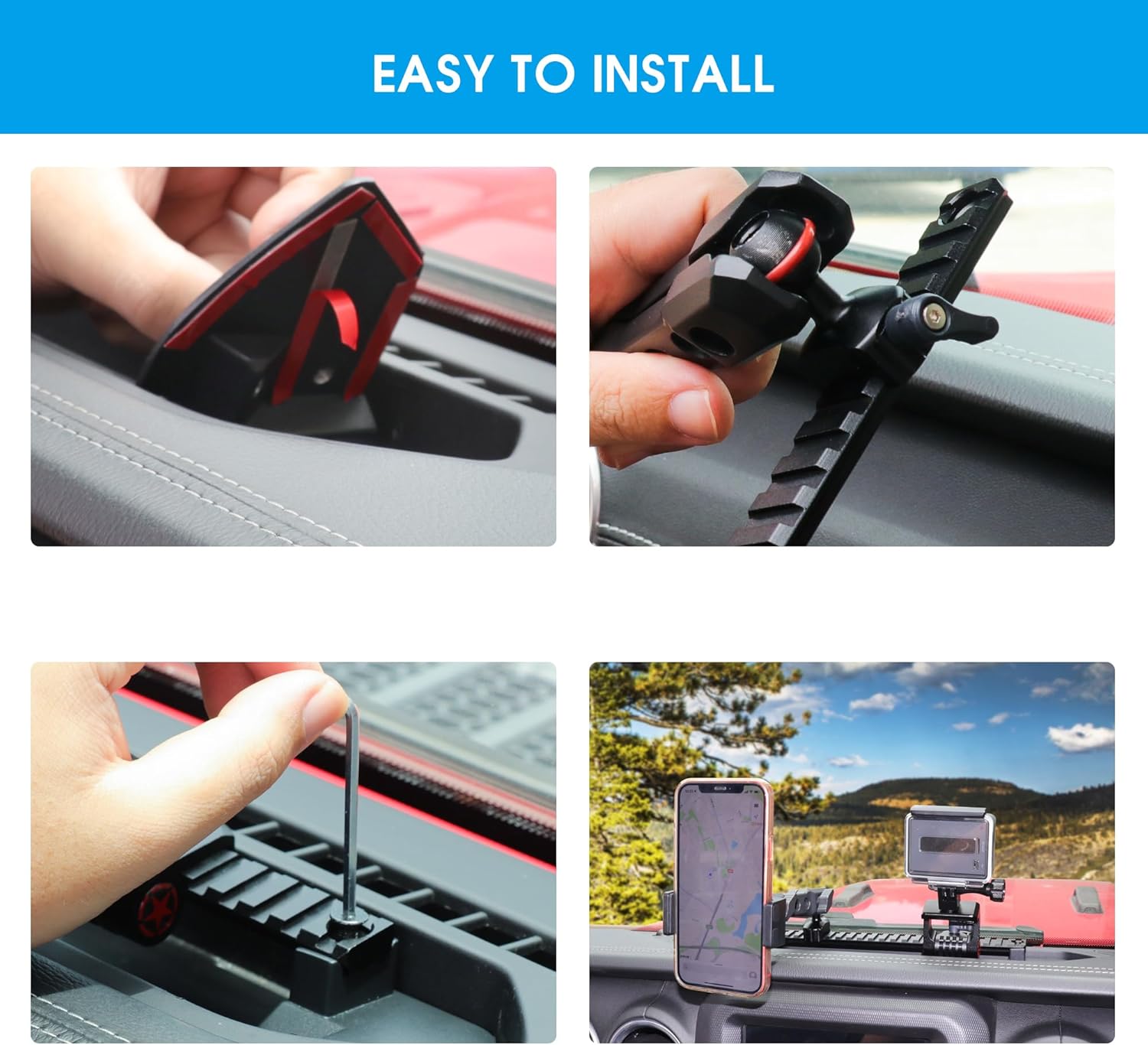 JL Phone Mount Action Camera Mount for Jeep, Dash Phone Holder for 2018-2023 Jeep Wrangler 4XE Jeep Gladiator JT Accessories, Fit 8.4" Screen, 360° Adjustable Cell Phone Holder for NATO Rail