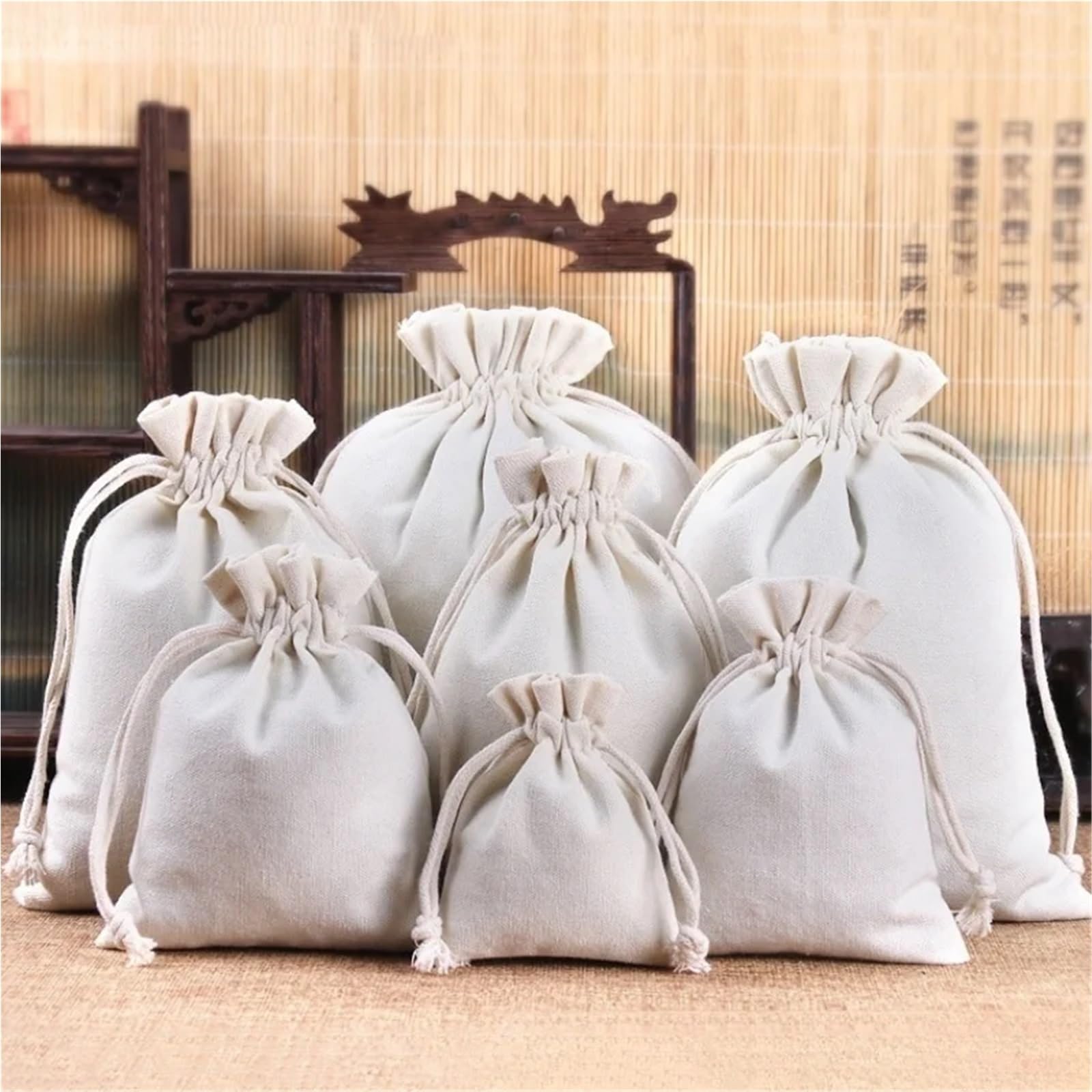 Sac À Cordon En Coton Sacs en toile de coton blanc/noir, 50 pièces, sacs à cordon de serrage, emballage de bijoux et bonbons, pochettes de rangement(Beige,12x15cm)