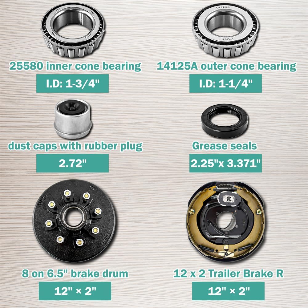 Trailer Hub Drum Kit 8 on 6.5" B.C. with 12" x 2" Electric Brakes Left Side for 7000 lbs Axle Heavy Duty Trailer Drum Brake Kit