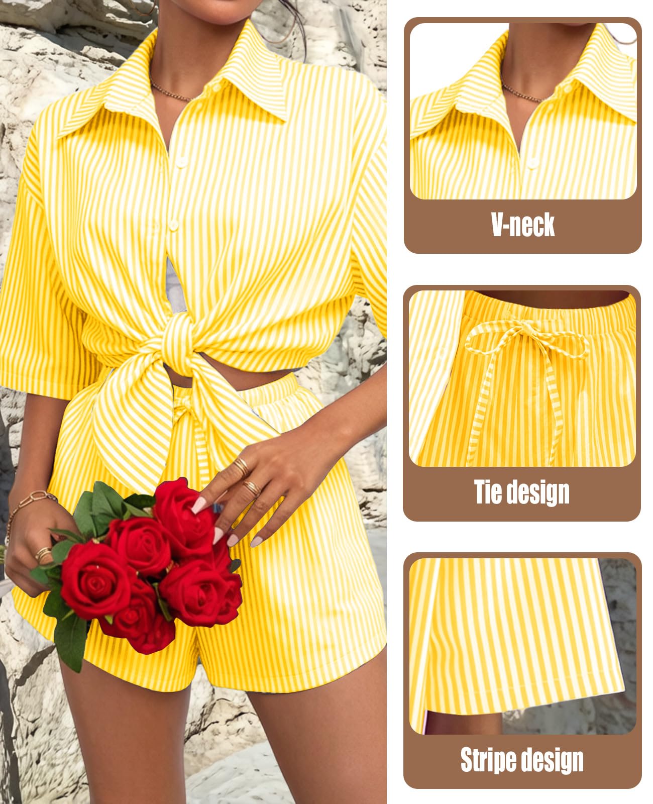 Rayson Damen Zweiteiler Set 2 Teiler für Sommer Gestreift Oversized Hemd mit Shorts Kurzarm Set Casual Sommer Outfit