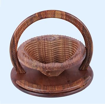 Handmade Wood Carving Fruit Plate Wooden Collapsible Fruit Basket Unique Foldable Walnut Basket for Fruit, Bread and Nuts 11" A1