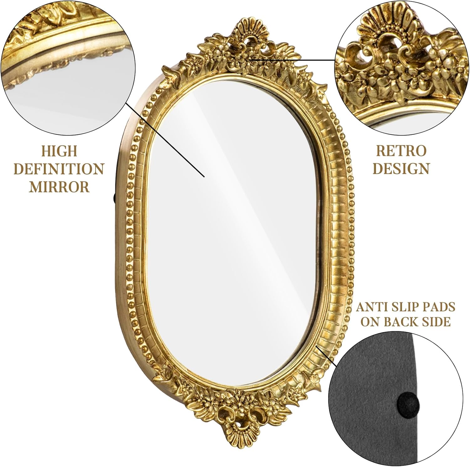 GUOER Vintage Antique Decorative Bathroom Vanity Tray Decor Mirror Tray for Dessert Table Coffee Table Vanity Home Decor Serving Tray with Handle Gold - Image 5