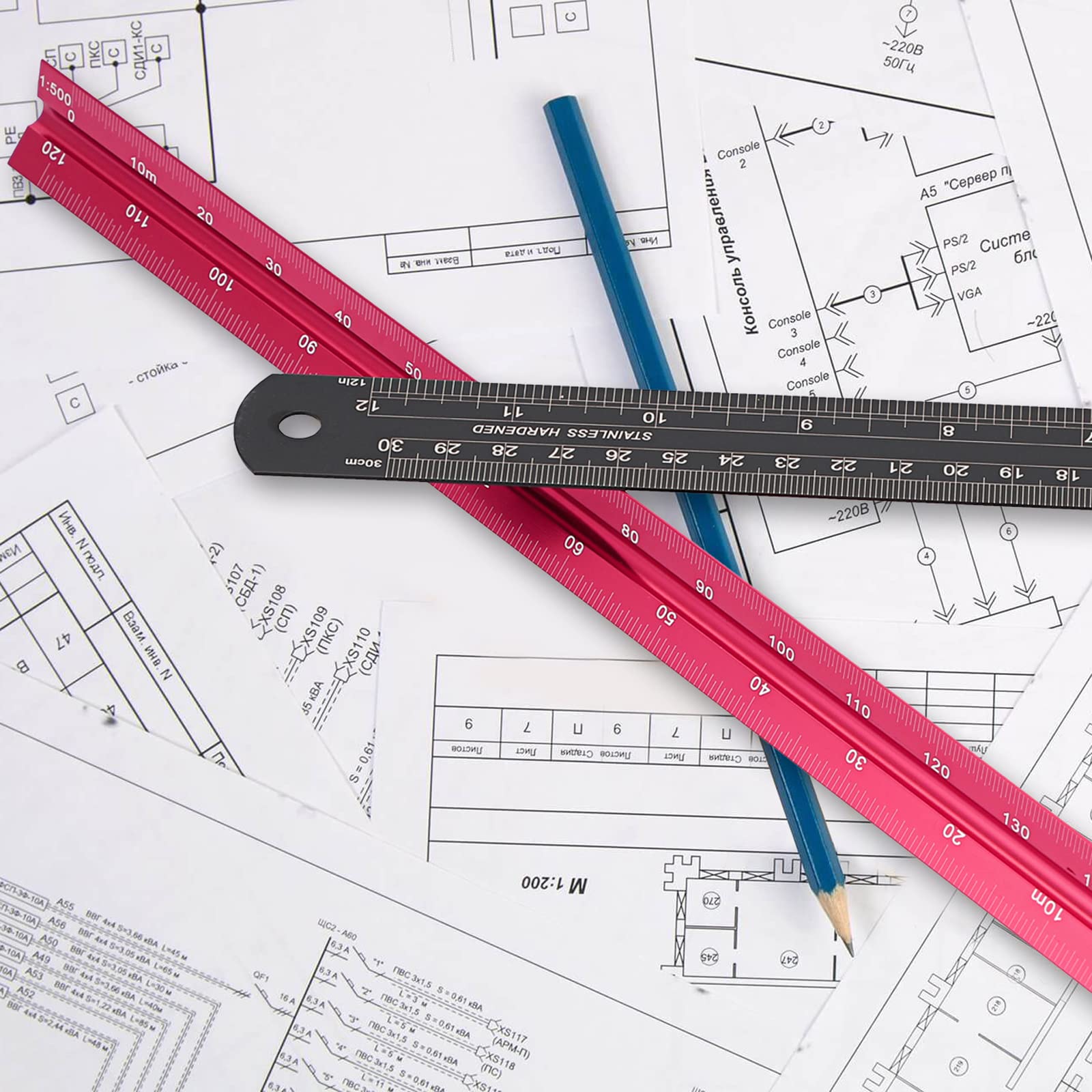Ownmy 30cm Solid Aluminum Metric Triangular Architect Scale Ruler Set ...