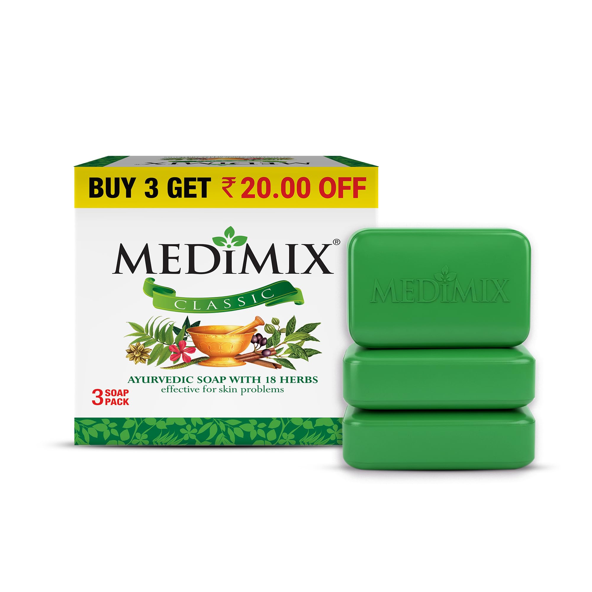 Medimix Classic Ayurvedic Traditionally Made Soap 125g (Combo Pack of 3) | Infused with 18 Herbs | Effective for Skin Problems