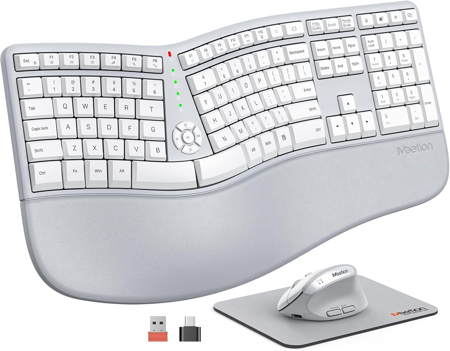 MEETION Ergonomic keybaord and Mouse Combo, Wireless Keyboard and Mouse Set, Ergo Split Keyboard, Vertical Mouse, Rechargeable, for Windows Gray White