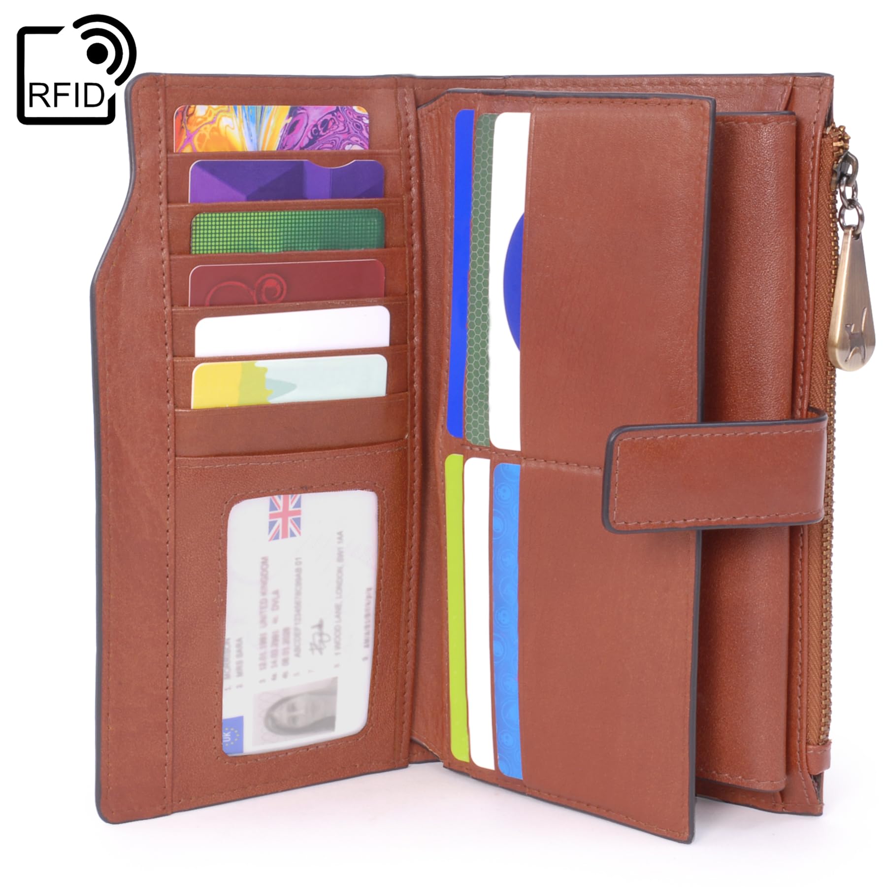 Catwalk Collection Handbags - Damen Leder Geldbörse Groß - Portemonnaie mit Handyfach - 21 Kreditkarte - RFID Schutz - Geschenkbox - Stella Hellbraun