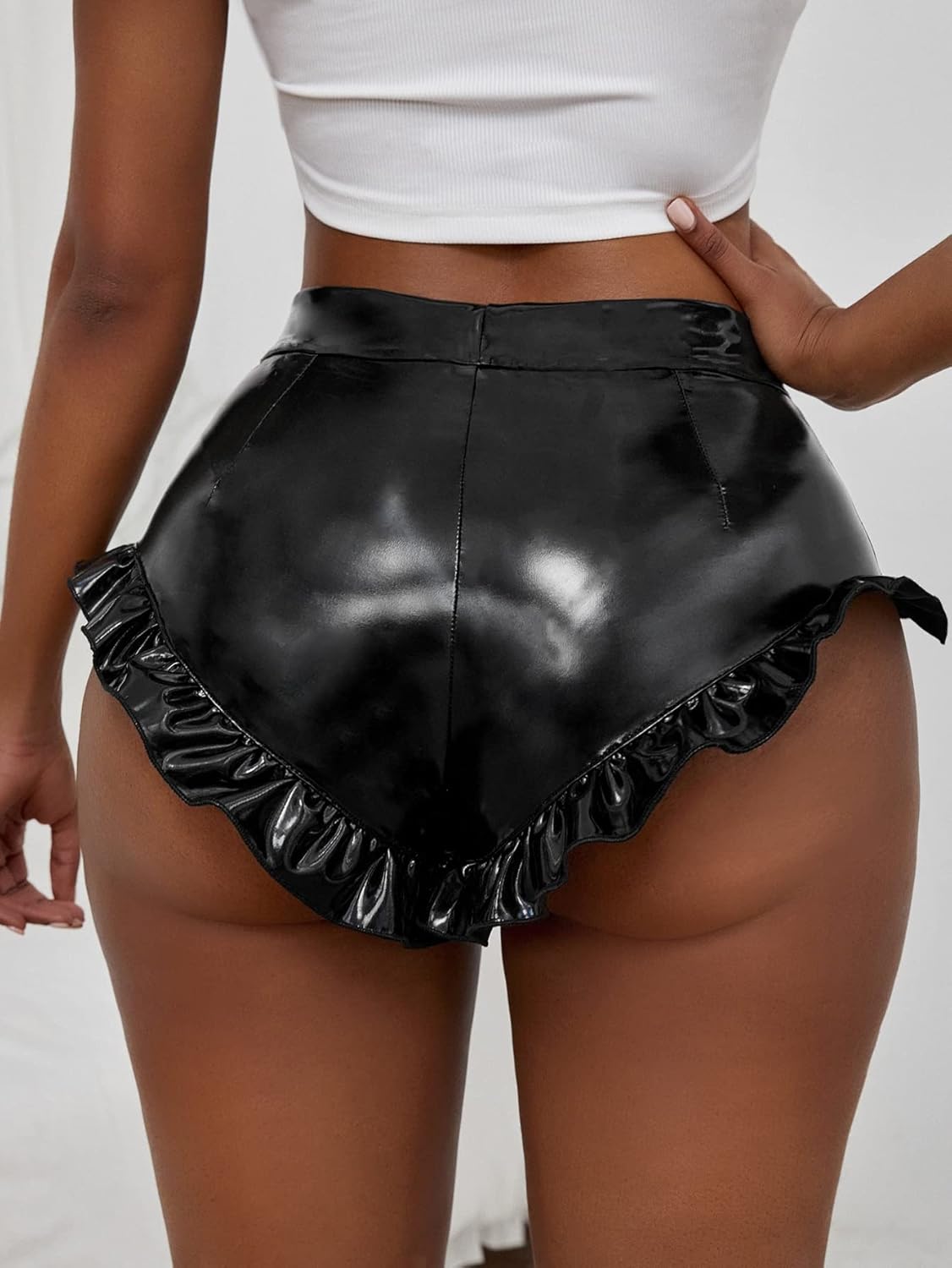 WDIRARA Women's PU Leather High Waisted Booty Shorts Ruffle Hem Skinny Shorts - Image 2