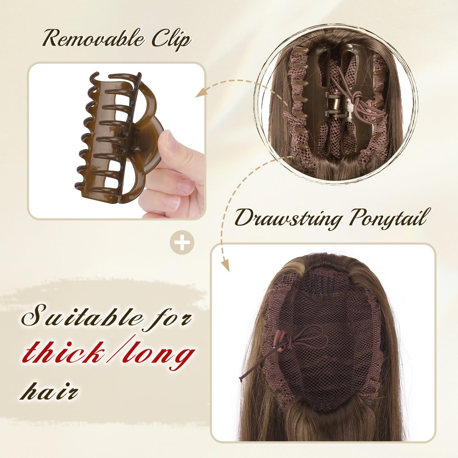 FESHFEN Langer Pferdeschwanz Haarteil - Glatte Zopf Extensions mit Klammer Synthetik Haarverlängerung Claw Clip in Ponytail Haare Extension für Damen, 63 cm Honigblond Gemischt Mit Hellbraun