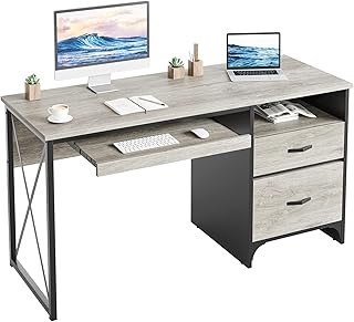 Bestier Office Desk with Drawers, 55 inch Industrial Computer Desk with Storage, Wood Teacher Desk with Keyboard Tray & File Drawer for Home Office, Light Gray Oak
