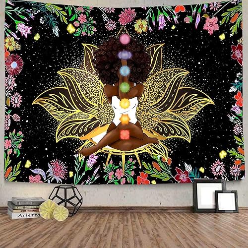 Miniatura 8 de Ine Ive Tapiz de chakra africano, mujer afroamericana, tapiz de meditación zen de 40 x 30 pulgadas, tapiz de jardín con flores de cielo estrellado,