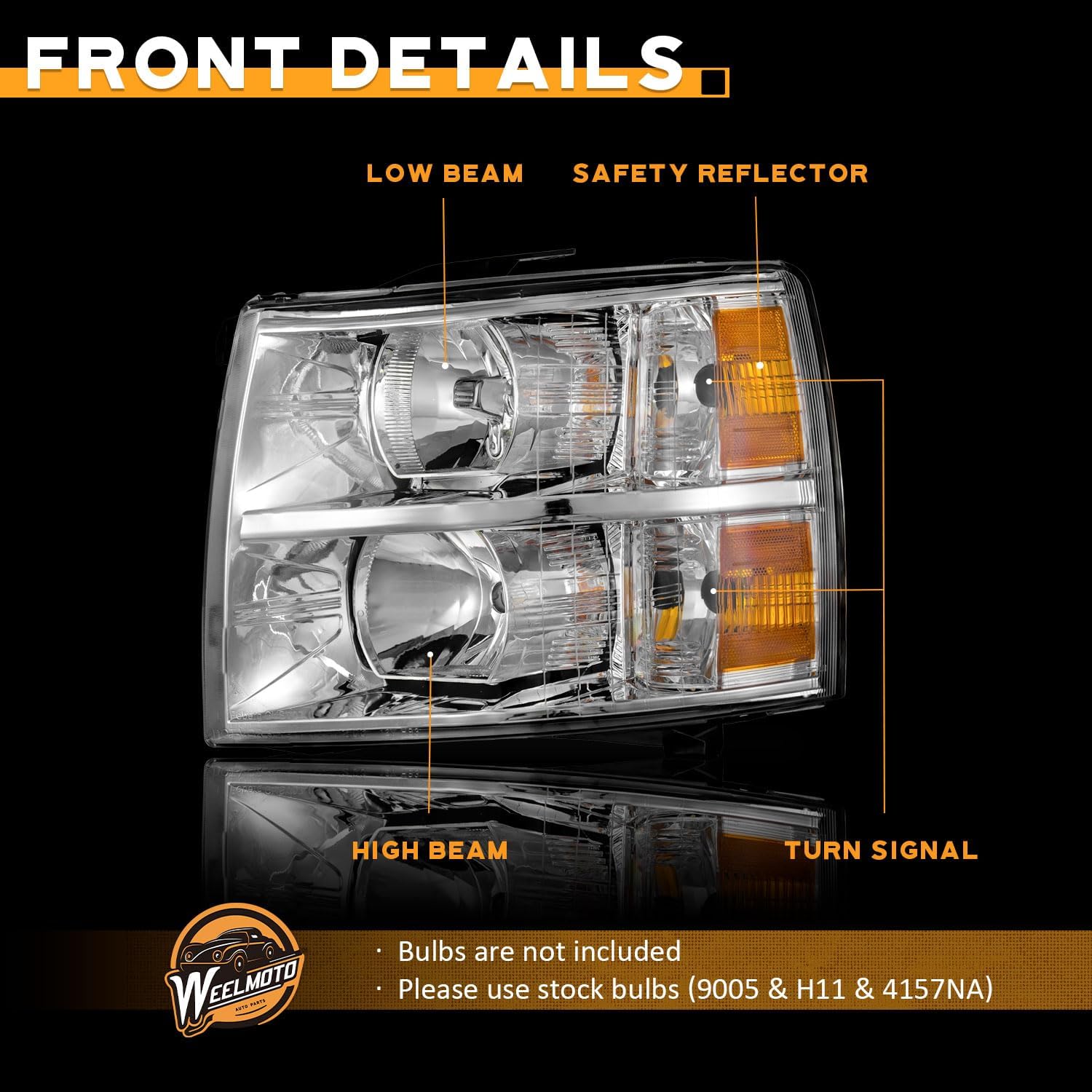 WEELMOTO Headlights Pair Assembly for 2007 2008 2009 2010 2011 2012 2013 Chevy Silverado 1500, Compatible with 07-14 Chevy Silverado 2500HD 3500 Headlamp Replacement Chrome Housing Amber Reflector