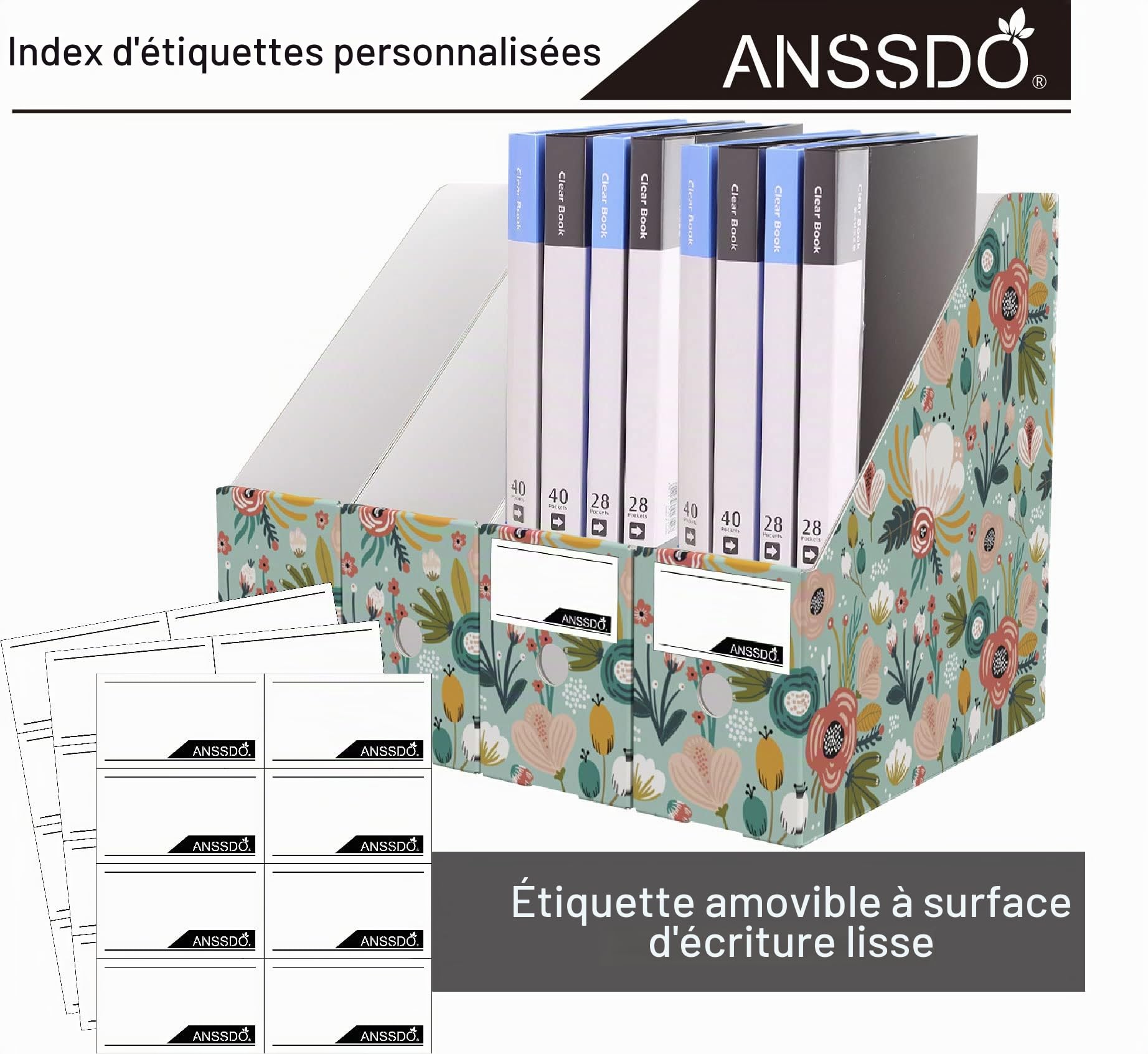 ANSSDO Lot de 6 porte-revues en carton – Organiseur de fichiers de magazines de qualité supérieure, grande boîte de rangement pour livres ou porte-dossiers pour bureau, motif floral bleu sarcelle