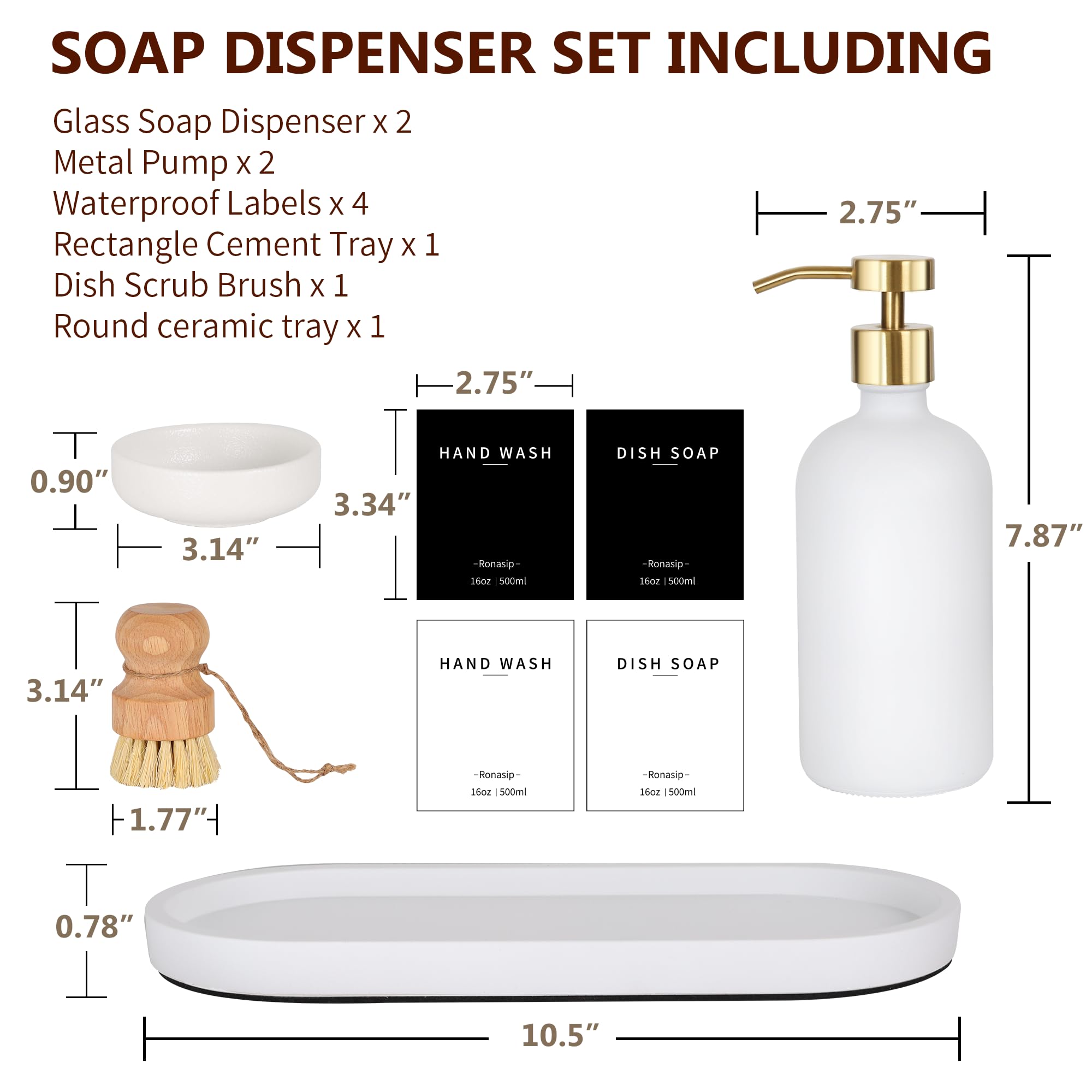 Ronasip Set di 5 dispenser di sapone da cucina, 473,6 ml, dispenser di sapone in vetro con pompa in acciaio inossidabile, vassoio per cemento, spazzola per strofinare i piatti, decorazione rustica per