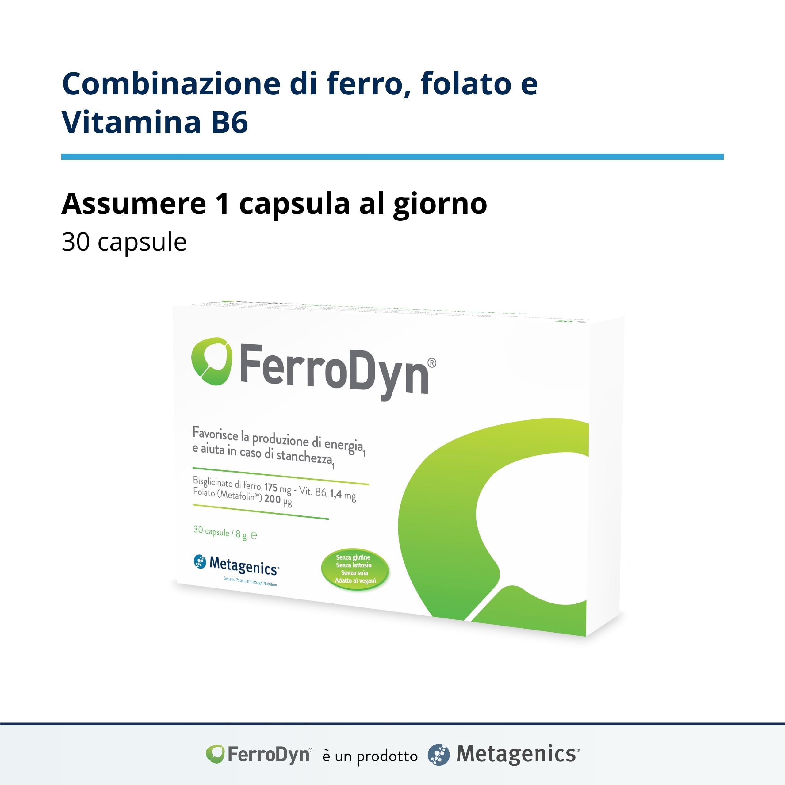 FerroDyn - Sostiene la Formazione dei Globuli Rossi e la Produzione di Energia - Utile in Caso di Affaticamento - 30 Capsule