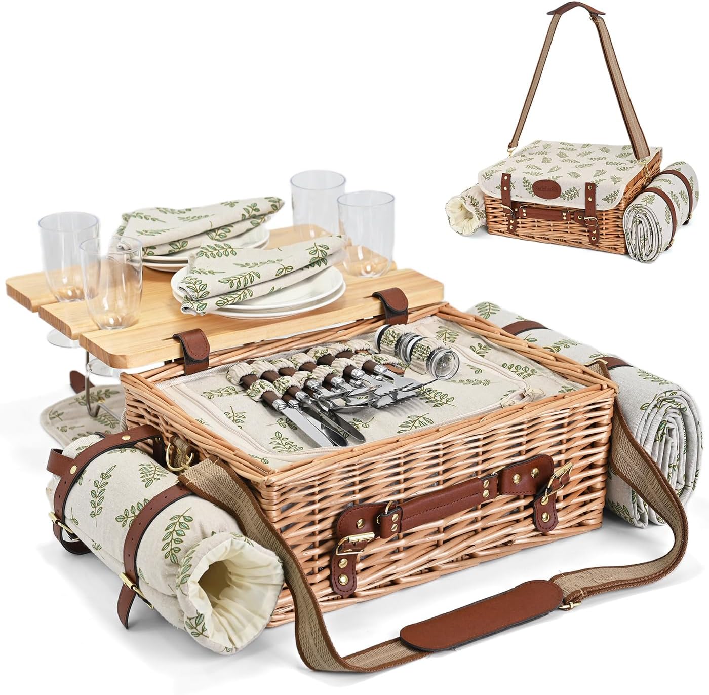 2020 USA Insulated Deluxe 16Pcs Kit Wicker Picnic Basket Set for 2 People - Reinforced Handle - Grey Stripes