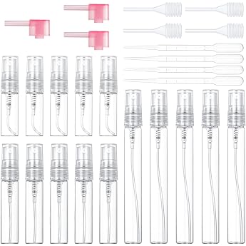 tao pipe Pack of 15 Mini Fine Mist Spray Bottles Transparent Glass Travel Empty Atomiser Spray Bottles with Pipettes and Pres