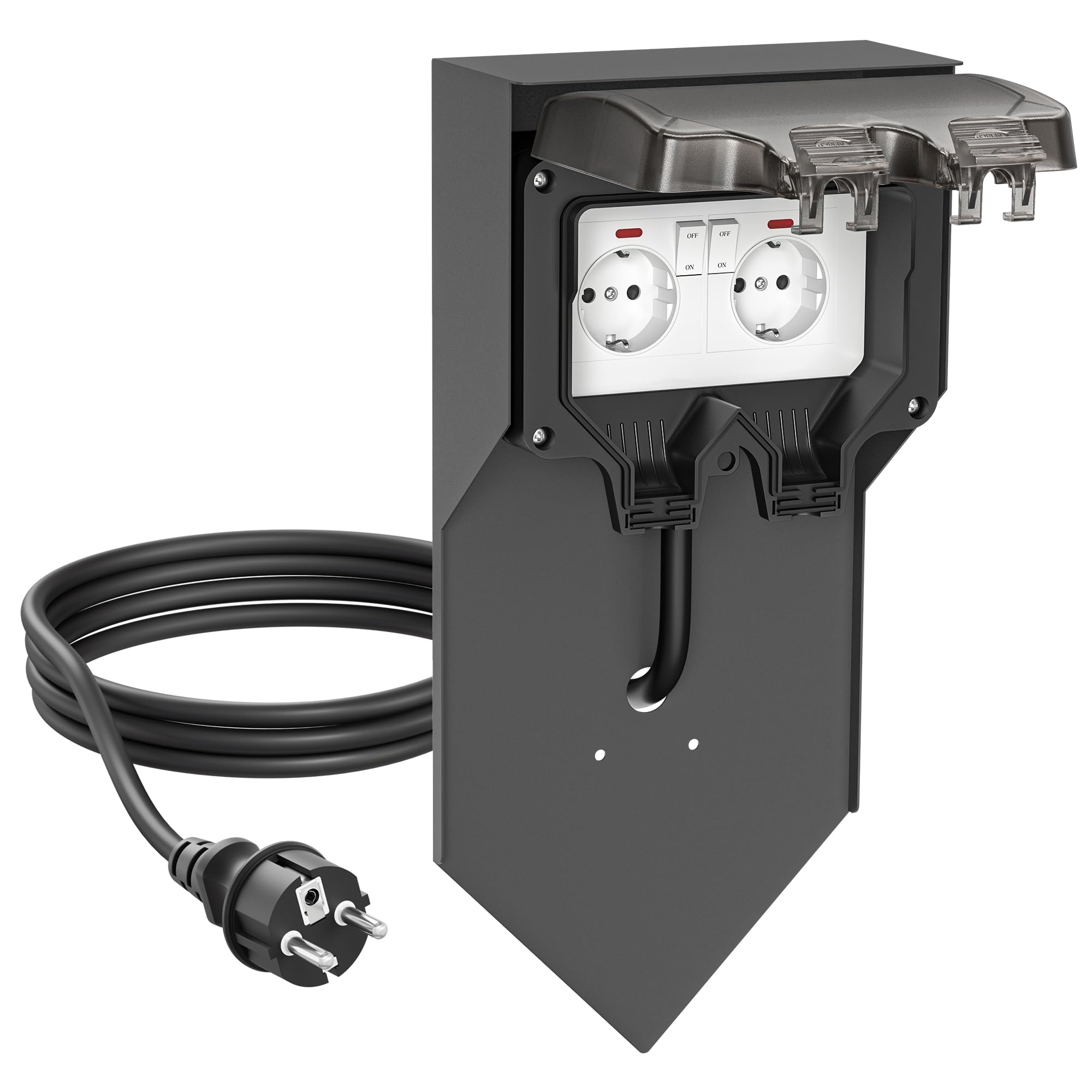 ledscom.de POXO colonna di presa con picchetto di terra e cavo da 2 m per esterni, IP65, 2-gang, antracite/nero, angolare, 40 cm