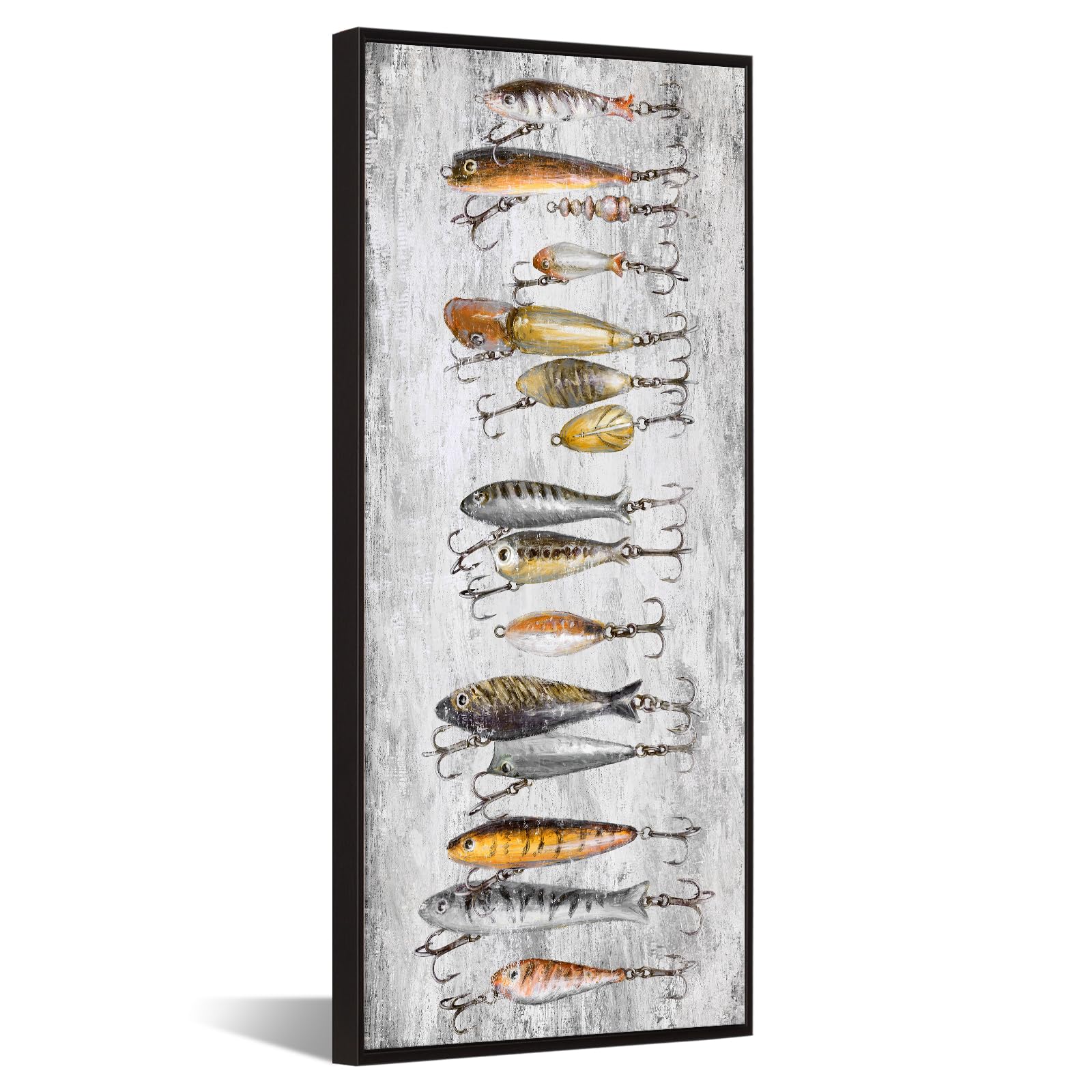 Photo 1 of KREATIVE ARTS Fishing Lures Wall Art Vertical Canvas Print Tackle Bait Painting with Black Floater Frame Rustic Fishing Decor for Cabin Garage Lake House Bathroom 20x48 Inch Ready to Hang