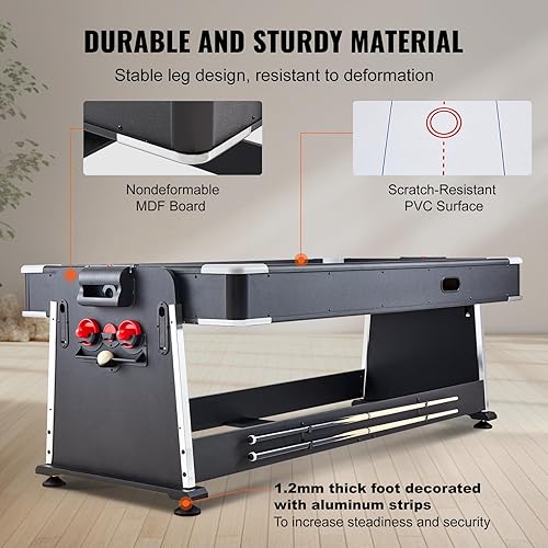 Vista 5 de VEVOR Mesas de hockey de aire de 72 y 89 pulgadas con marcador LED, mesa de juegos 3 en 1 de 88 pulgadas (hockey, billar, ping pong), incluye