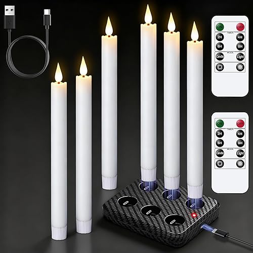 Miniatura 18 de GenSwin Velas cónicas recargables sin llama con base de carga, paquete de 6 velas LED que funcionan con batería con control remoto y temporizador,