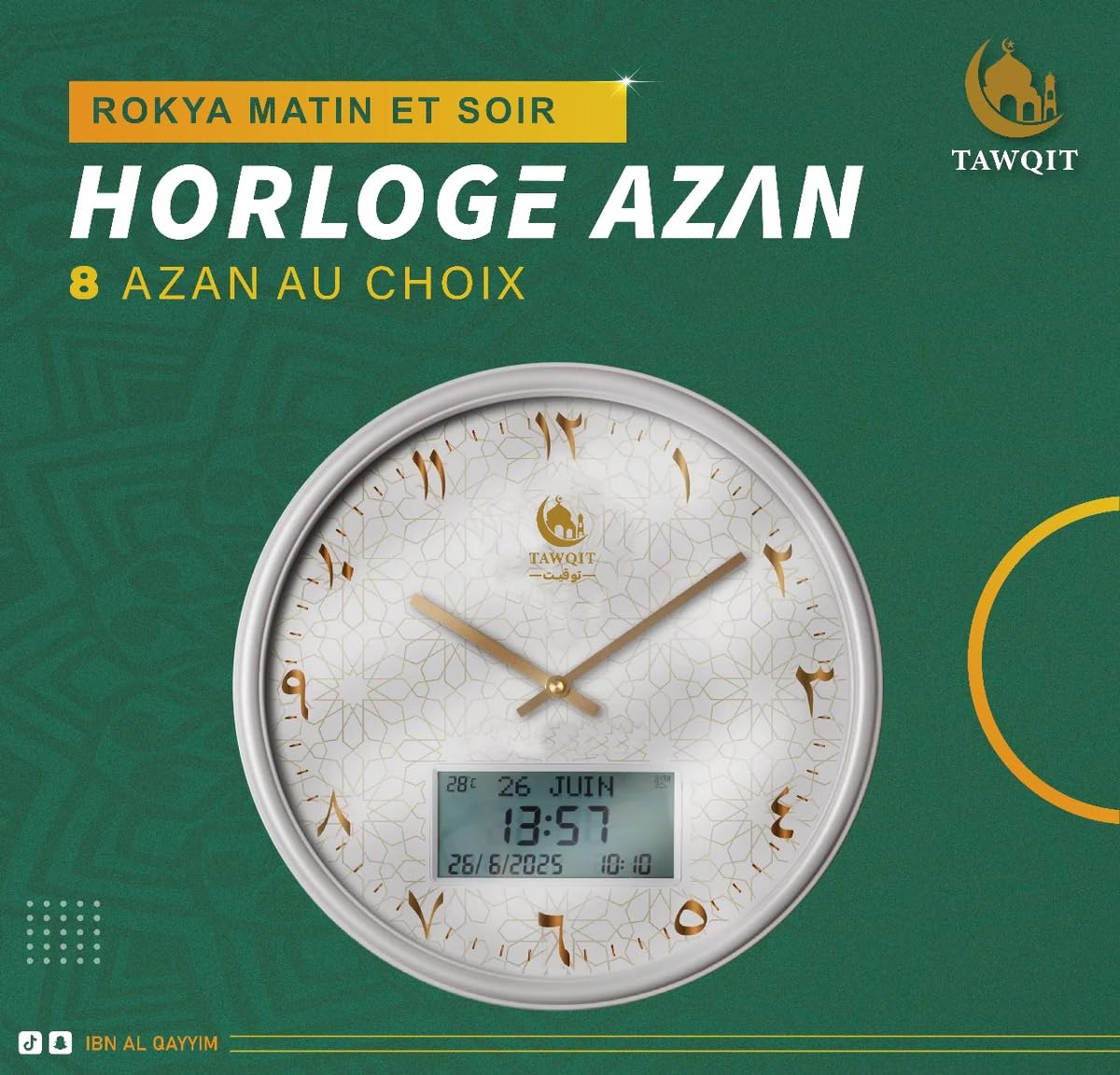 TAWQIT Horloge Azan avec Roqya, Appel à la Prière, Affichage Digital, Support en Bois (Non Inclus)