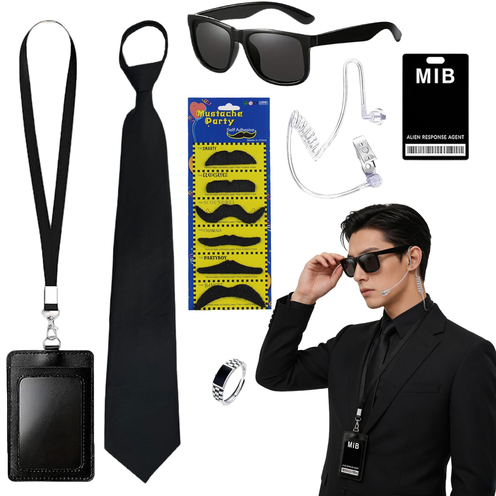 YAEGIMHT 7PCS Secret Agent Costume Accessory Set for Halloween, Spy Dress Up Kit with Black Sunglasses, Tie, ID Card Badge, Ring, Fake Beard & Earpiece for Party Cosplay