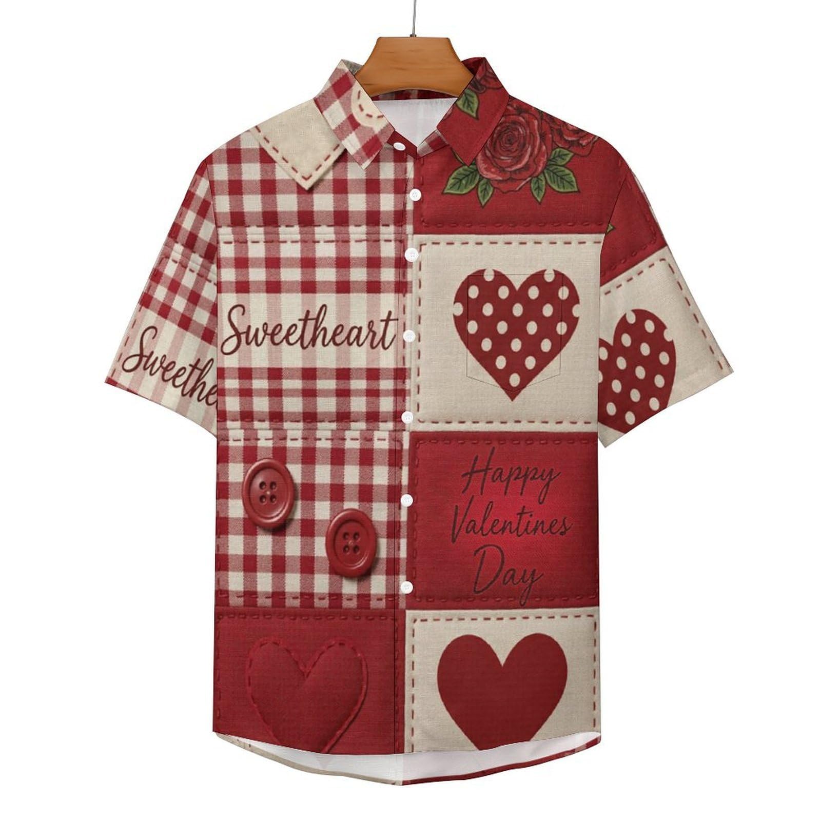 Camicie da Uomo a Maniche Corte con Stampa della Cuore A Scacchi Patchwork retrò, Casual Leggere Bottoni Camicia con Tasca Frontale, per Vacanze Spiaggia Estate