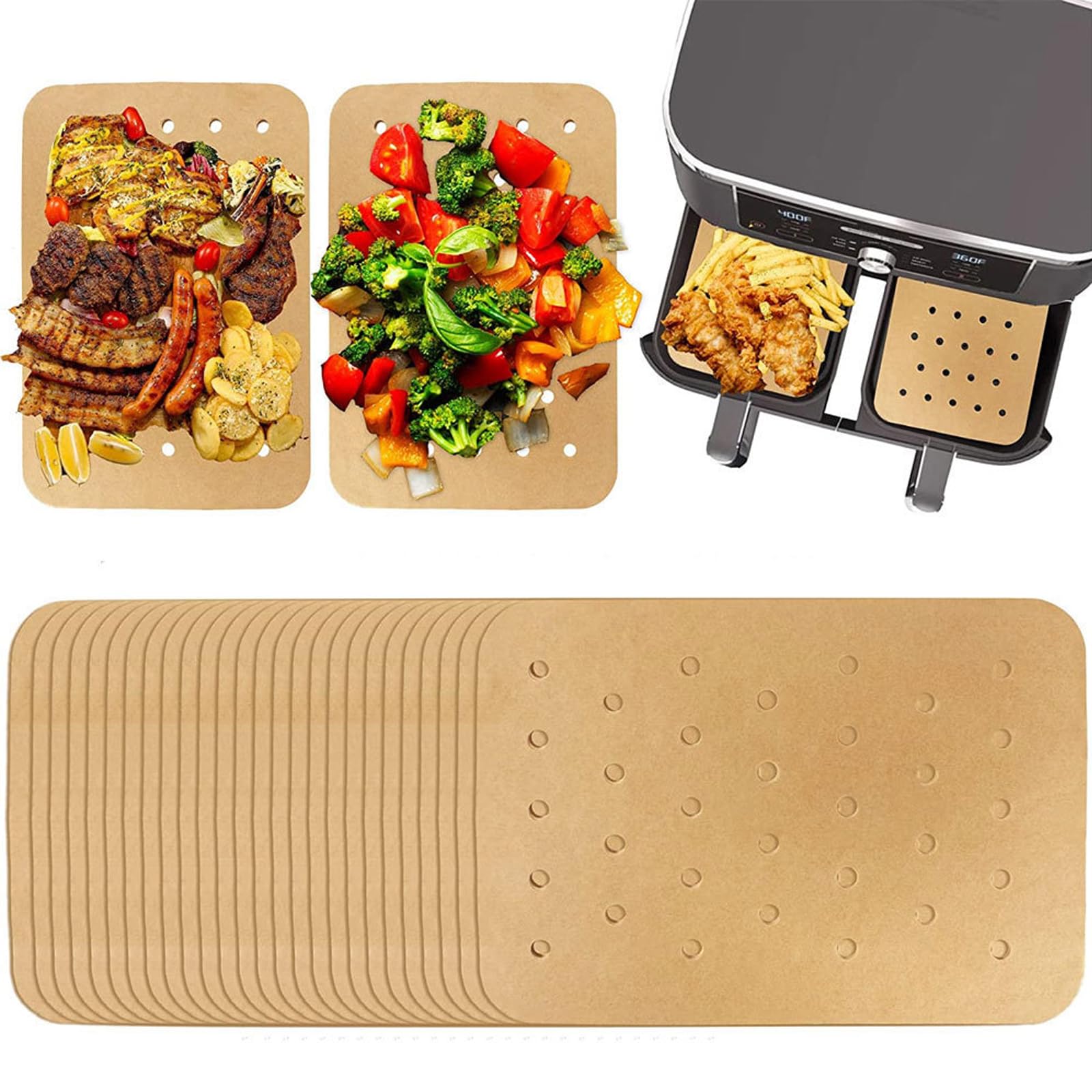 CleaZeny 200 Sheets Air Fryer Liners, 14x20.5cm Rectangular Paper Liners Disposable - Non-Stick, Greaseproof Baking Paper for Ninja Foodi, Dual Basket & Most Air Fryers, Oven, Microwave