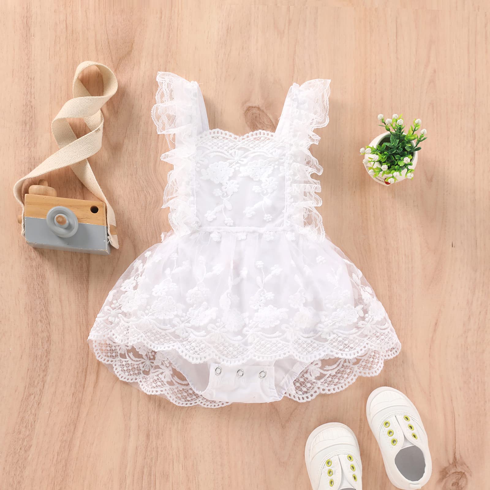 Newborn Baby Girl Sweet Flutter-Sleeve Floral Lace Romper Dress Adjustable Strap Backless One-Piece Dress Playsuit (A-White, 6-12 Months)