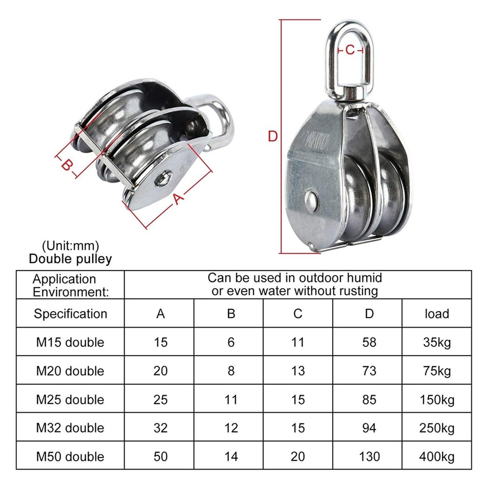 2 Pieces M50 Lifting Double Pulley Block 304 Stainless Steel Crane Rotary Hook Double Pulley Loading M50 Double Pulley;