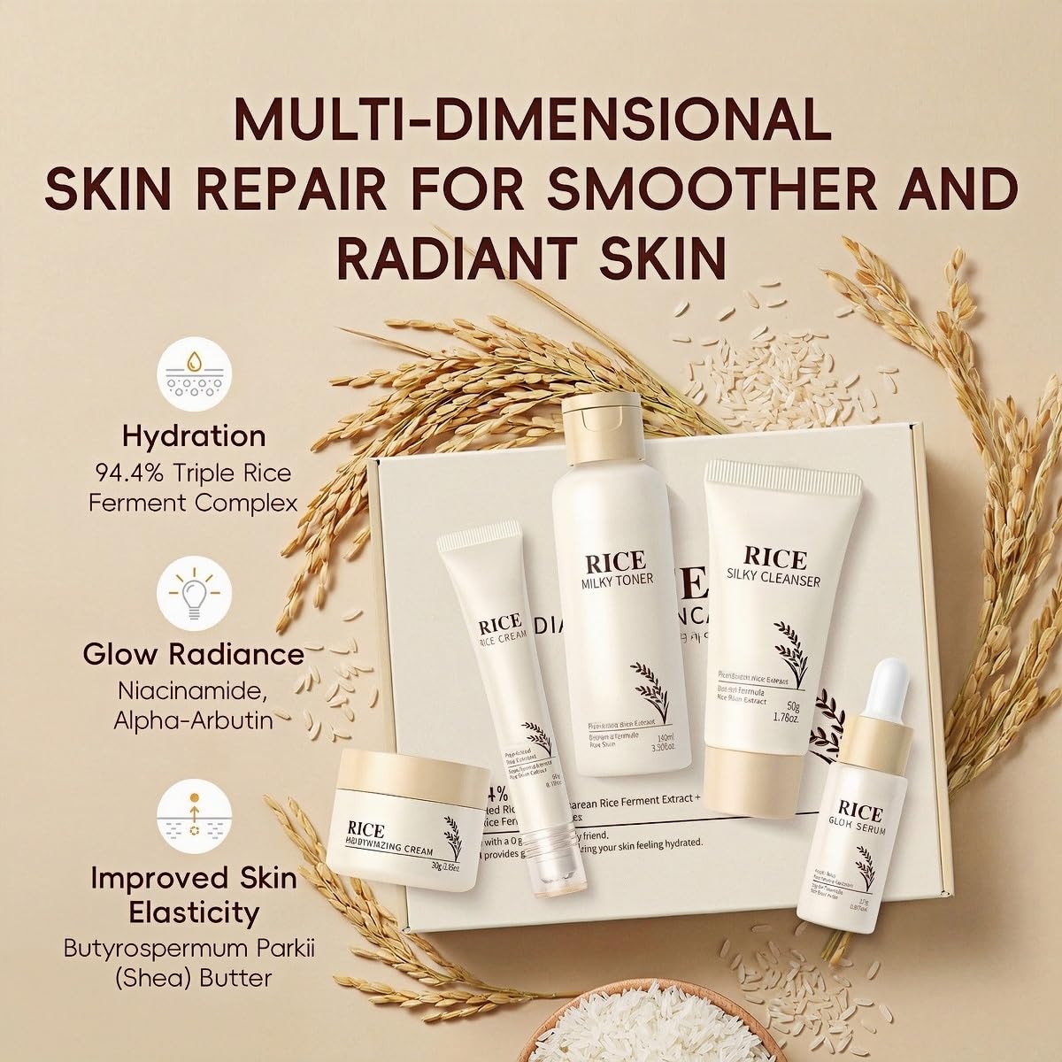 Rice Skincare Set for Women, 5-Step Hydrating Facial Skincare Kit with Cleanser Toner Serum Eye Cream & Moisturizer, Lightweight Non-Greasy, Gentle Face Care Gift Set for Sensitive Skin