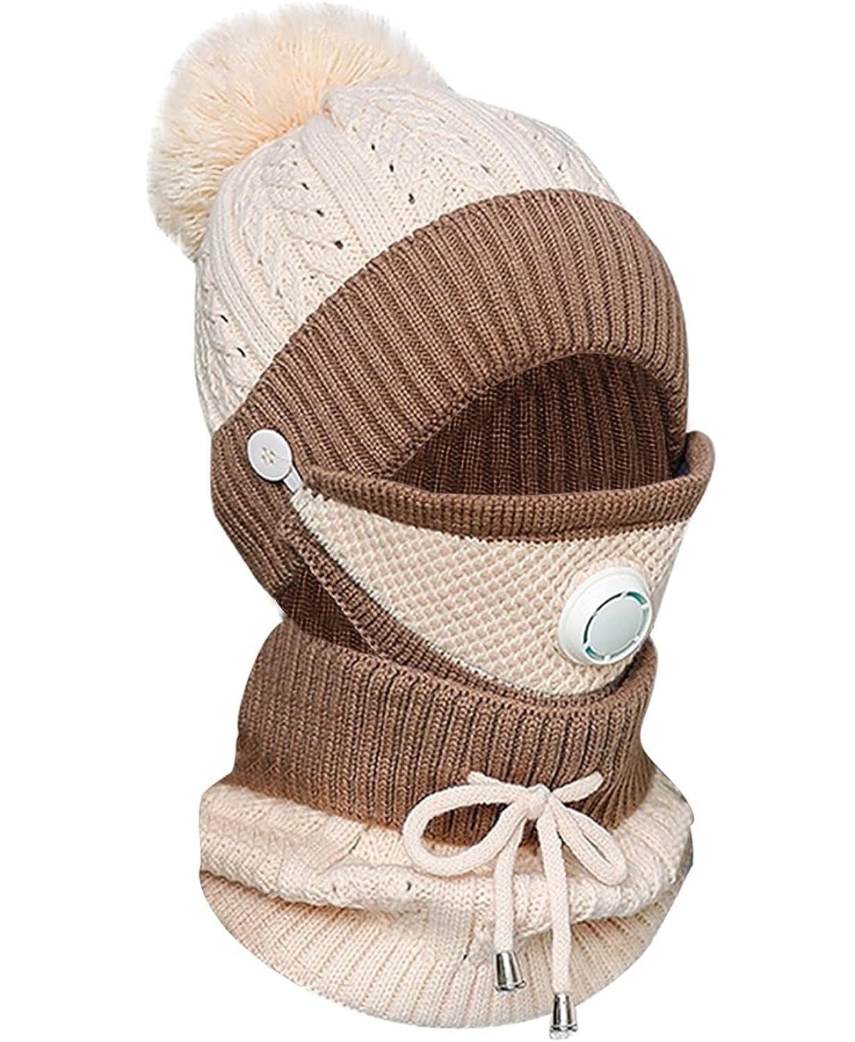 Mützen Winter Mützen Winter Einfarbig Verdickte Strickmütze Schal 2-teiliges Set Warme Klobige Zopfmustermützen Wintermütze (Color : A, Size : One Size)