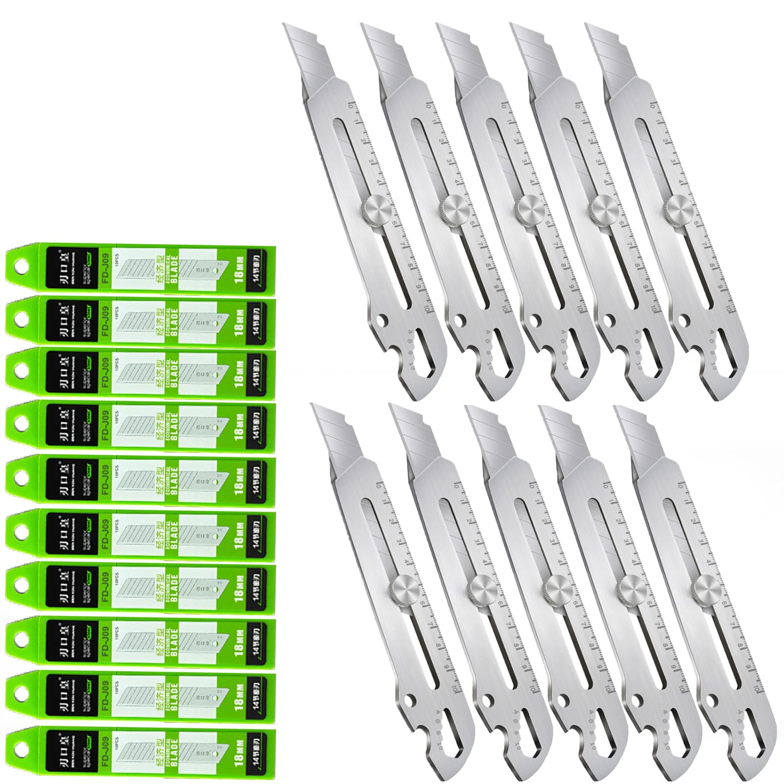 Schweres Mehrzweck Cuttermesser, Cuttermesser Profi Edelstahl Mit 10-teiligen SK5-Klingen, Robust Und Ultrascharf, Teppichmesser Druckguss Cutter Messer Für Heimwerk & Gewerbe (Messer-10pcs)