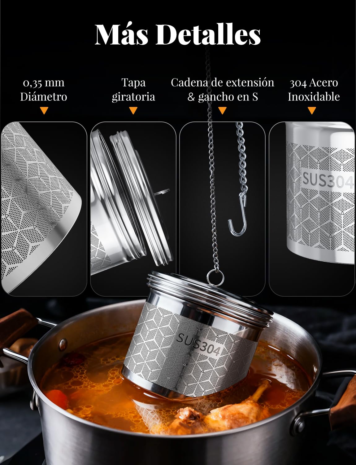 Yomanta Extra Grande Infusor De Te para Té Suelto y Especias, Infusionador Acero inoxidable 304, Con Cadena y Gancho, Colador De Especias con Malla Extrafina, Colador De Té Adecuado para Té