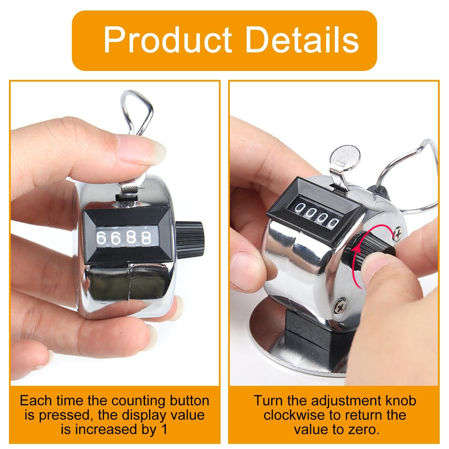 Contador Manual, Contador de clicker de 4 dígitos, Contador de Mano de Metal para Contar, Carcasa de Metal con Anillo, para Sujetar el Dedo, para Golf Sport Coach, Plateado