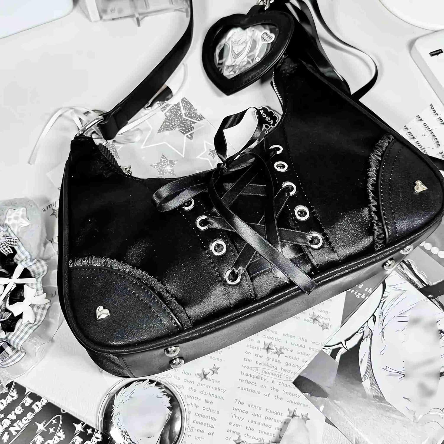 ita black y2k purse shoulder bag for women, gothic grunge lolita emo purses, pin display kawaii buckle studded bags, cute going out anime aesthetic handbag - Image 5