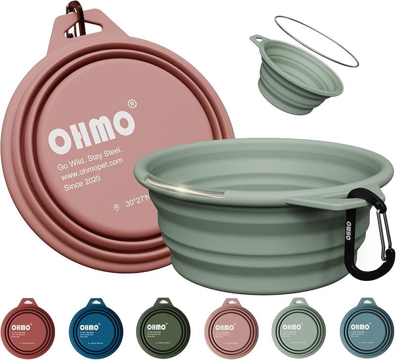 Tigela dobrável para cães com aro de aço inoxidável OHMO, 27 oz, 2 unidades, Coral e Sage Green