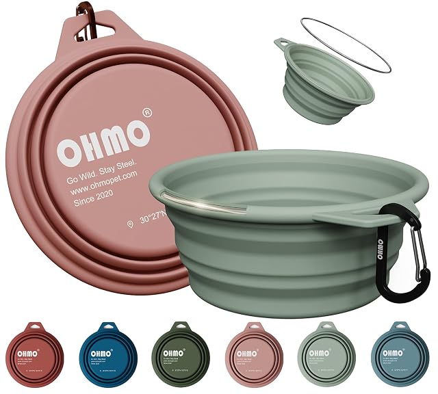 OHMO Bebedero Perro Portátil con Anillo de Acero Inoxidable Integrado (2 uds., 800ml, Rosa+Verde Claro)