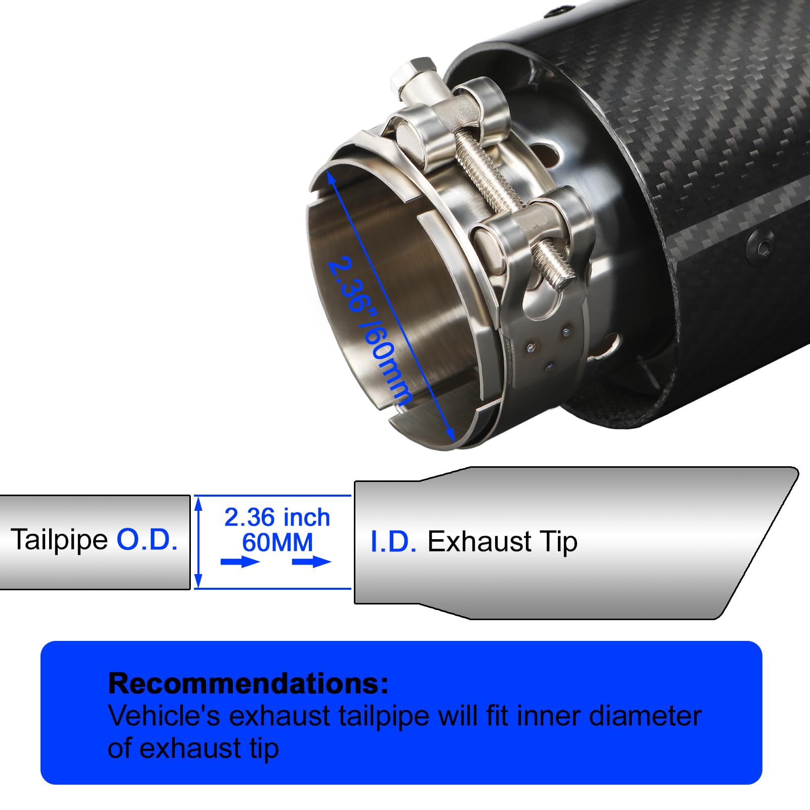 60MM(2.36") Terminale Scarico Auto Sportivo Tubo di Scarico Auto In Acciaio Inossidabile Fibra Di Carbonio Lucida Punta Posteriore Punta Posteriore 3.5" Uscita Ingresso (Blu Nero Lucido)