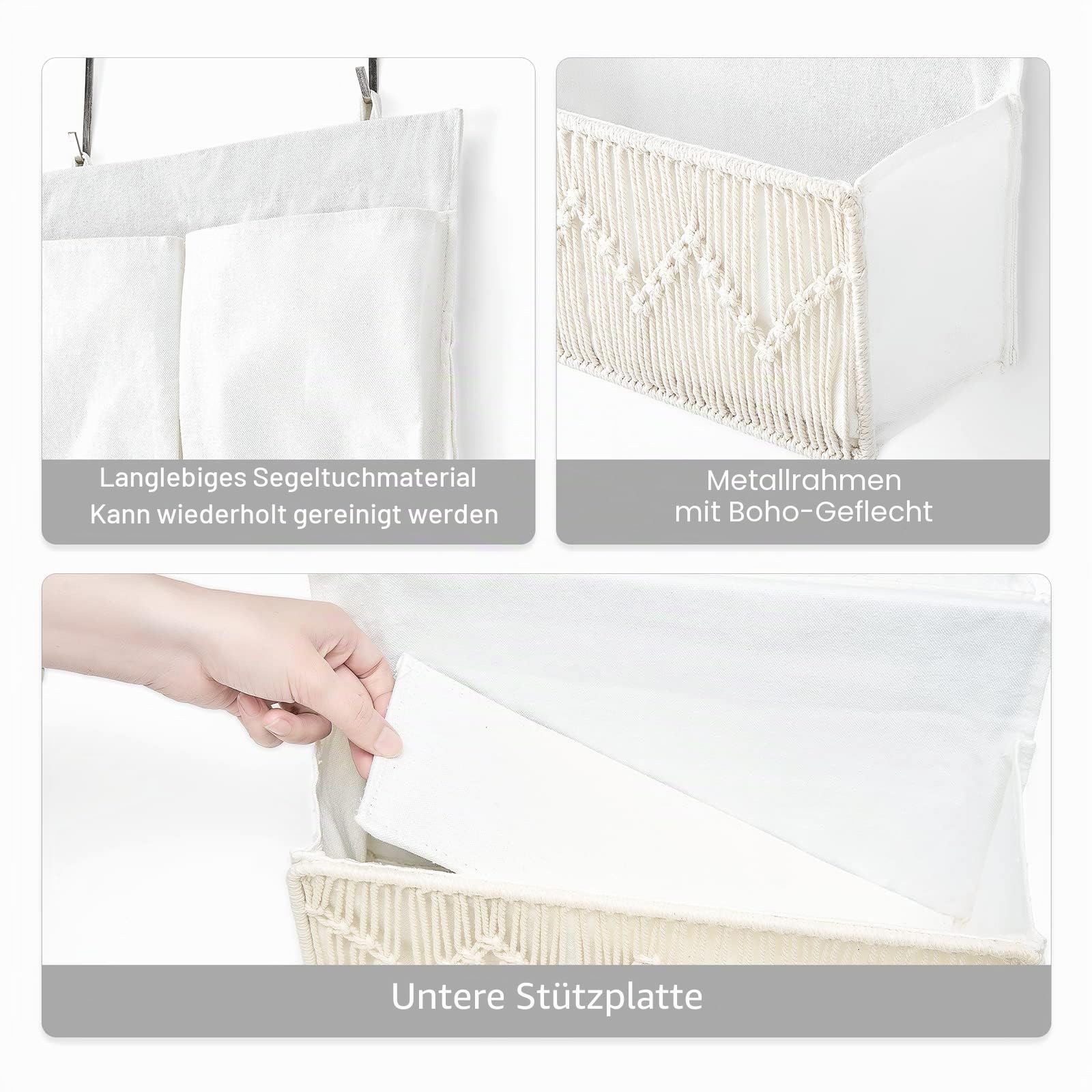 Mkono Hängeorganizer mit 3 Großen Taschen, Makrame Tür Organizer, Boho Speicher Dekor und 2 Metallhaken für Schlafzimmer Badezimmer Pantry, 80cm x 33cm x 12cm, Elfenbein
