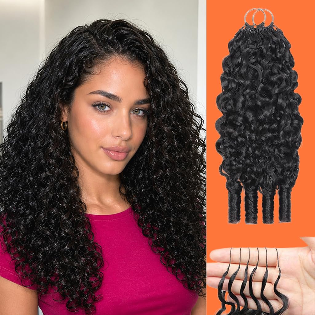 Burmese Curly Crochet Human Hair for Black Women, Miracle Mini Knots Feather Crochet Human Hair Extensions 16 Inch 50g 40 Strands, Pre-Separated Invisible Knotless Remy Bundles Natural Black