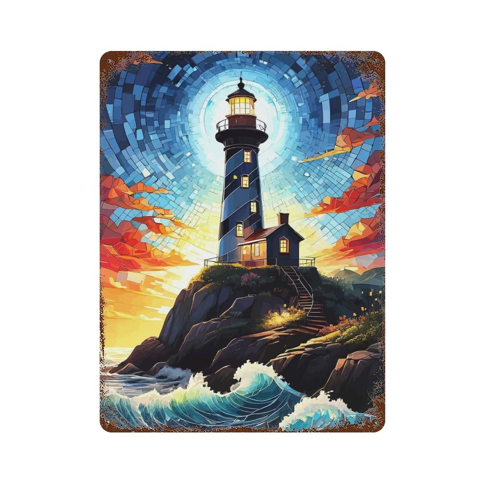 Lighthouse on A Rocky Coast Decorative Tin Sign 15.7"x11.8", for Bistro, Counter And Cafe Decor, Classic Wall Plaque
