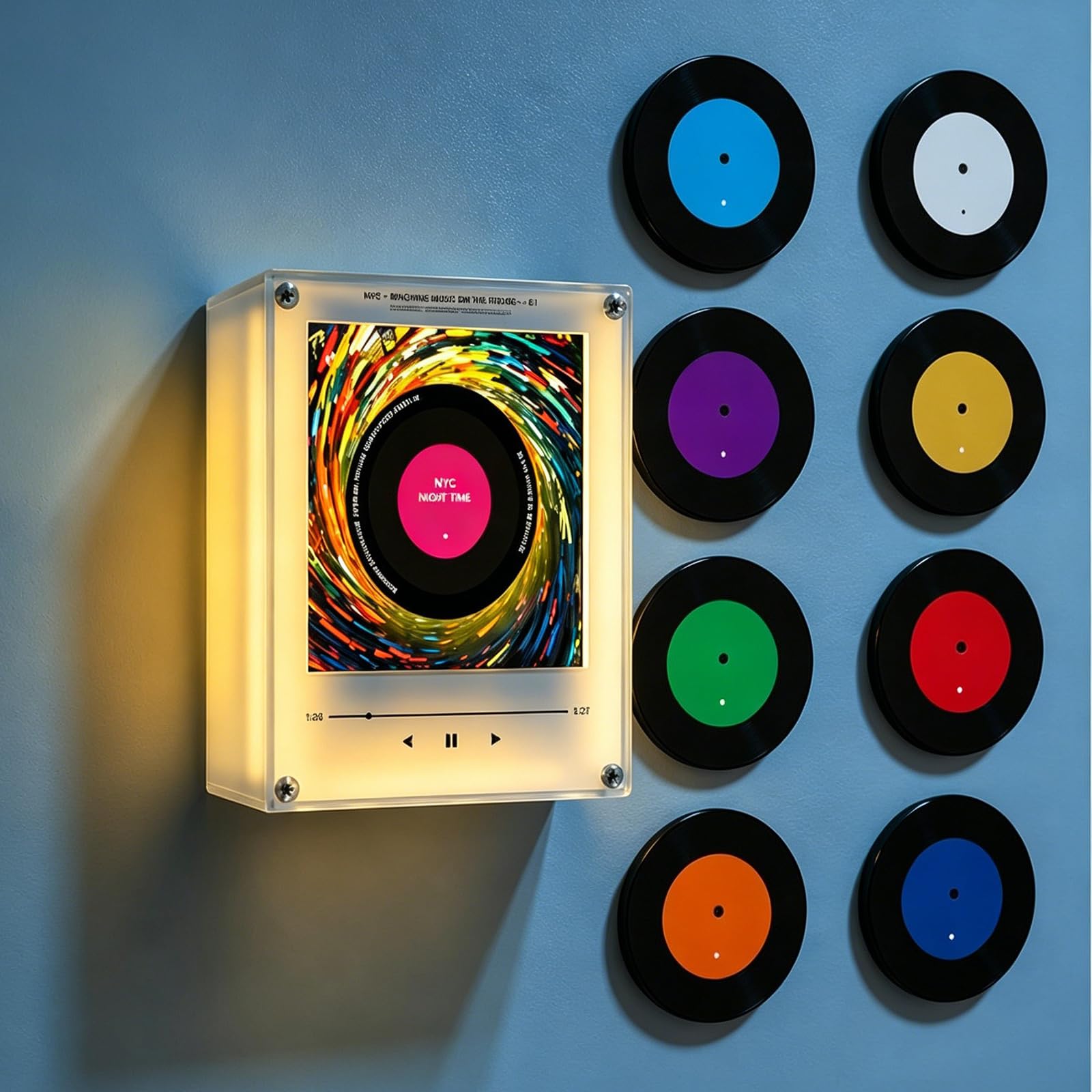 Retro Vinyl Refrigerator Magnet NFC Music Player, 9 Pack Programmable NFC Music Discs, Smart Singing Fridge Magnet with LED Light, Magnetic Audio Player for Home Kitchen Decor Gift (No Rotation)