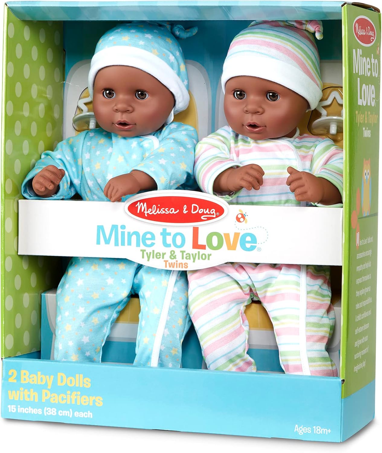 Melissa & Doug Mine to Love Twins Tyler & Taylor 15” Dark Skin-Tone Boy and Girl Baby Dolls with Rompers, Caps, Pacifiers