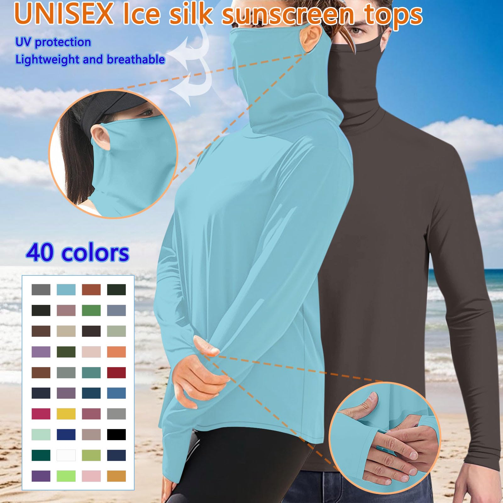 Women's UPF 50+ Sun Protection Shirts with Face Mask, Unisex Outdoor Long Sleeve Shirt Cooling Hiking Workout Tops Gray Blue