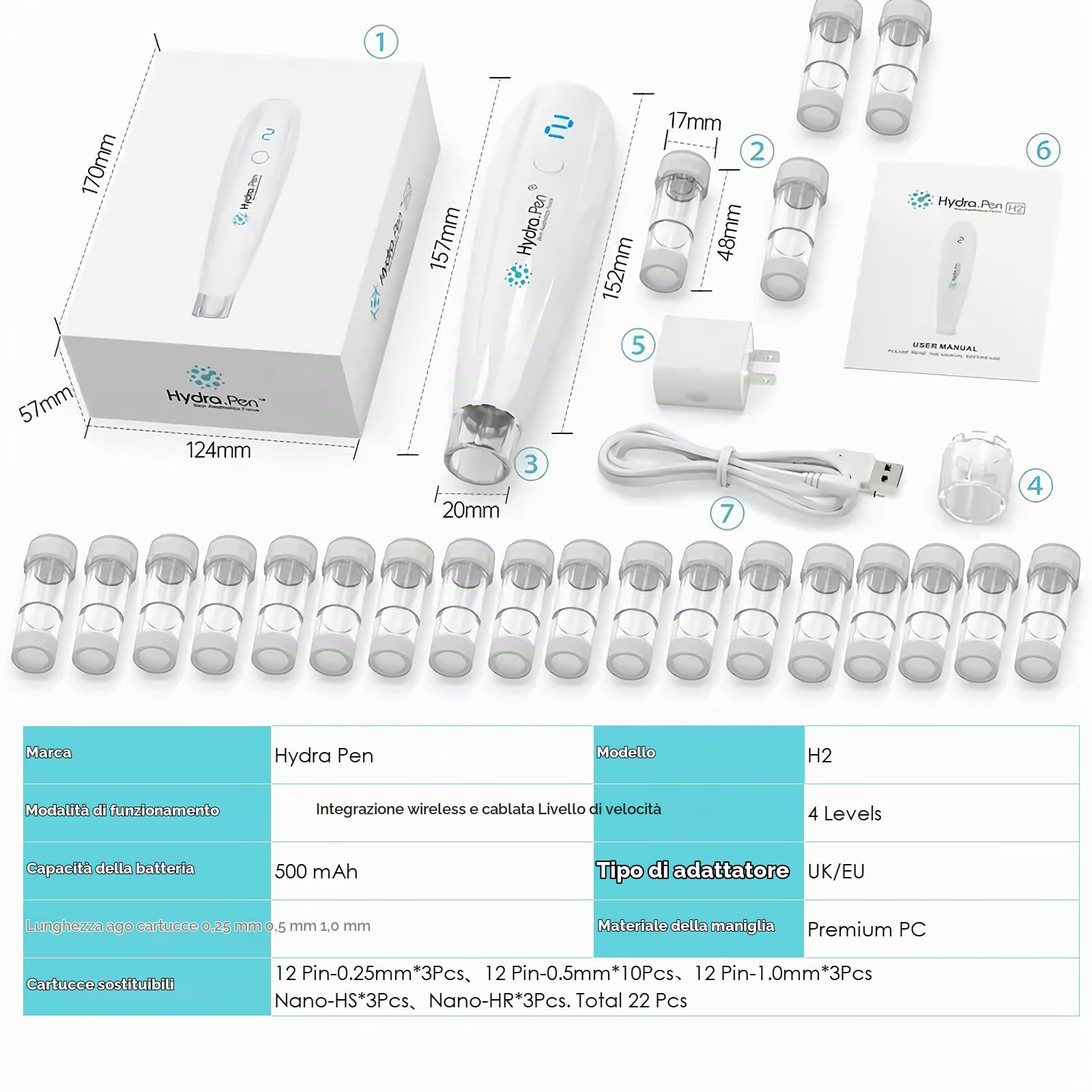 Microneedling Hydra Pen H2, Applicatore di Siero Hydra Pen Professionale per Uso Personale a Casa, con 22 Cartucce di Ricambio con Aghi