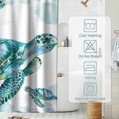 Vista 114 de Cortina de ducha de tortugas marinas, temática náutica de playa, verde y verde azulado, sin ganchos, punto gofre y forro desmontable, decoración