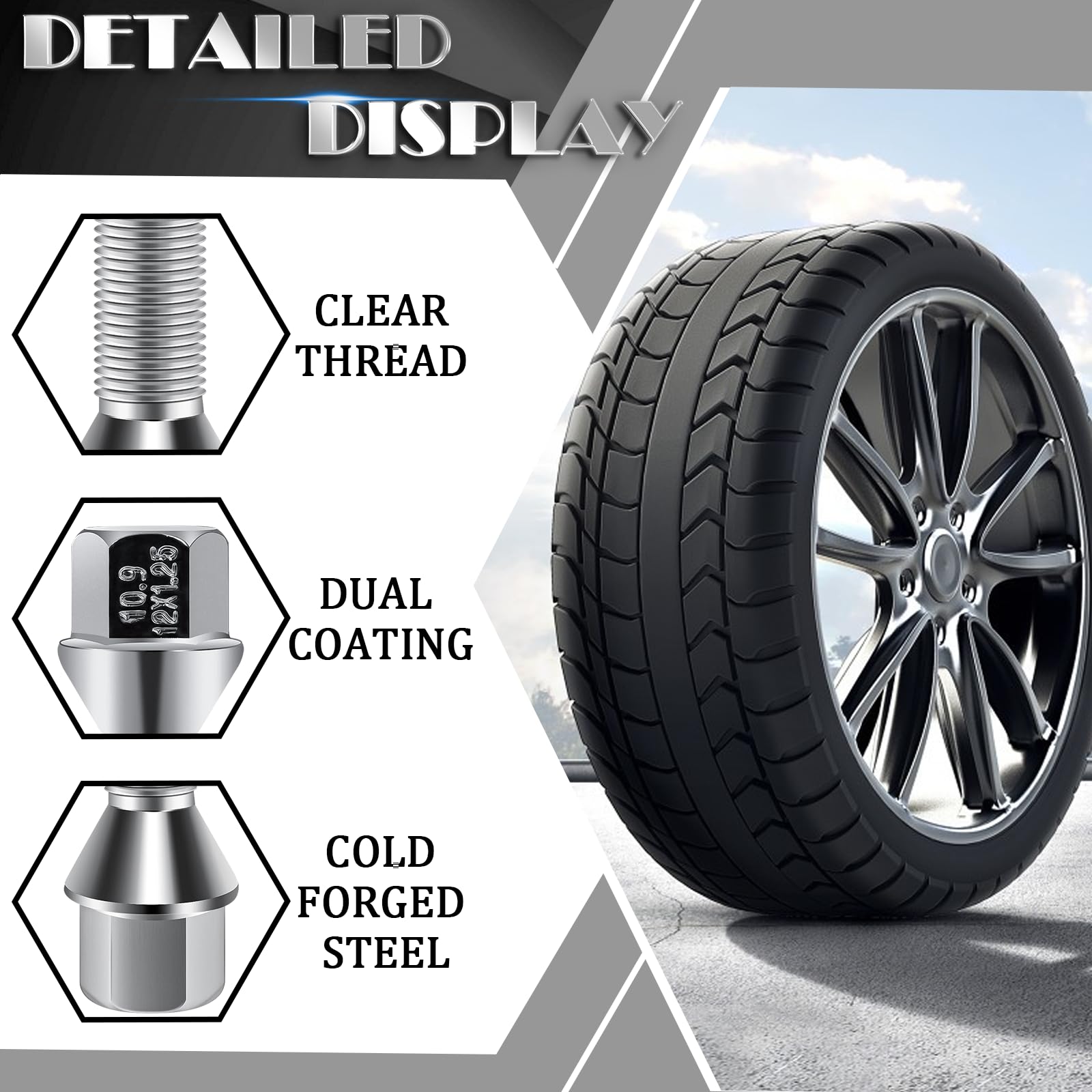 Wheel Accessories Parts Set Of 20 Chrome 12x1.5 Conical Seat Lug Bolts 28mm Shank Length, M12 1.5 Thread, 19mm Hex Acorn Seat Wheel Lug Bolts (20 - View #3